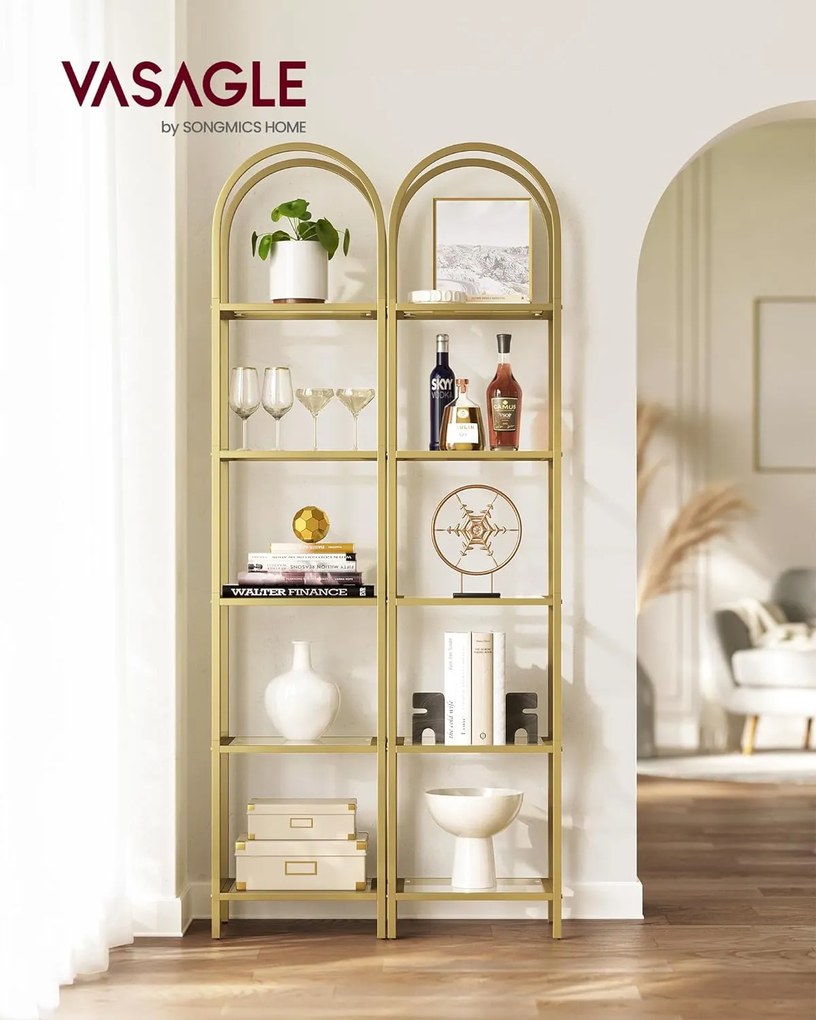 Könyvespolc, 5 szintes íves üveg tároló polc, arany színű