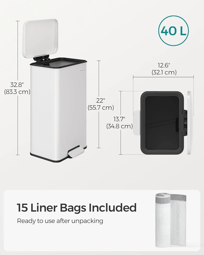 Konyhai szemetes 40l, nagy pedálos kuka 15 szemeteszsák mellékelve, fehér