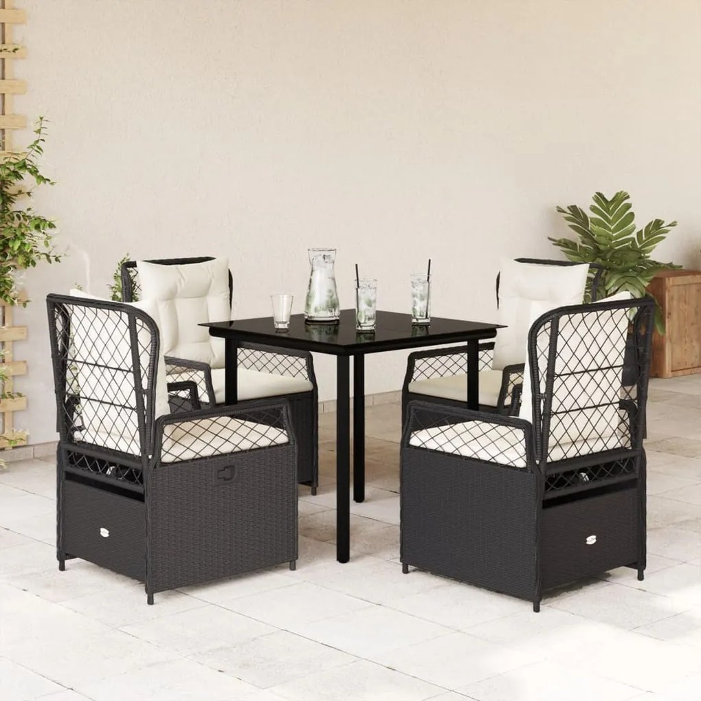 5 részes fekete polyrattan kerti étkezőgarnitúra párnákkal