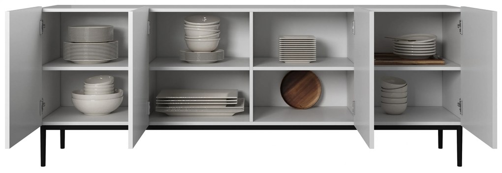 Nicole komód 200 cm négyajtós, mart előlapos - matt fehér / fekete lábak