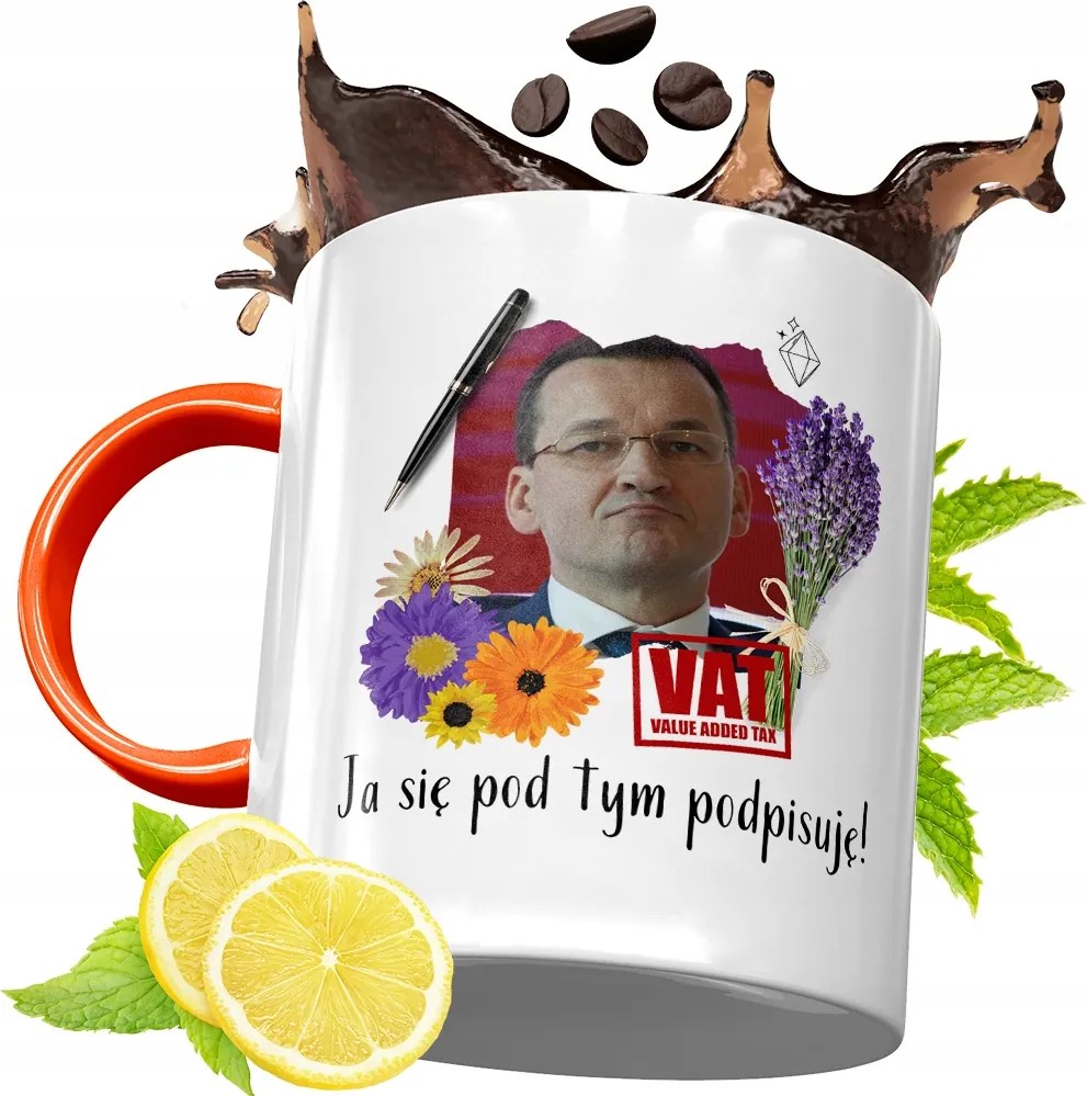 Narancssárga Bögre Mateusz Morawiecki Ajándék fényképes nyomtatással