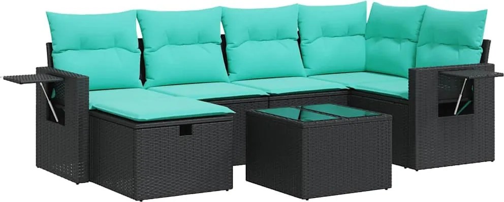 vidaXL 7 részes fekete polyrattan kerti ülőgarnitúra párnával