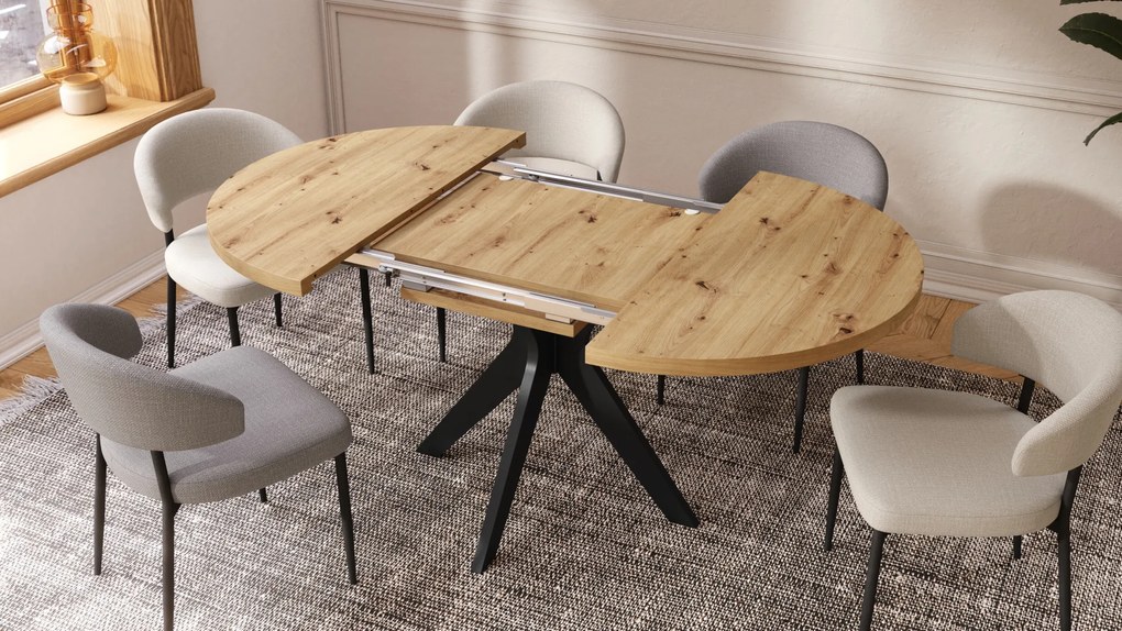 Mazzoni RENZO Artisan Tölgy/fekete láb - KEREK ASZTAL Ø110 180 cm-re BŐVÍTHETŐ | A KONYHÁBA ÉTKEZŐBE NAPPALIBA RETRO