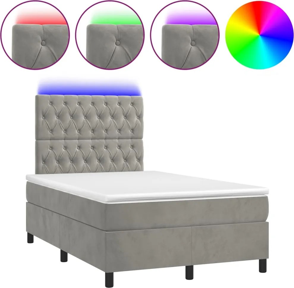 vidaXL világosszürke bársony rugós és LED-es ágy matraccal 120x200 cm