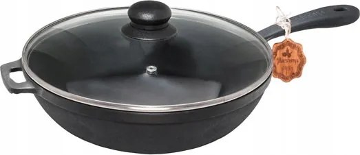 28 cm-es öntöttvas serpenyő öntöttvas fogantyúval és üveg fedővel