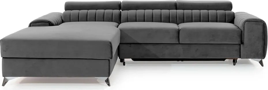 Sötétszürke bársony kinyitható-tárolóhelyes sarokkanapé (bal oldali-heverő résszel) Grayson – ELTAP