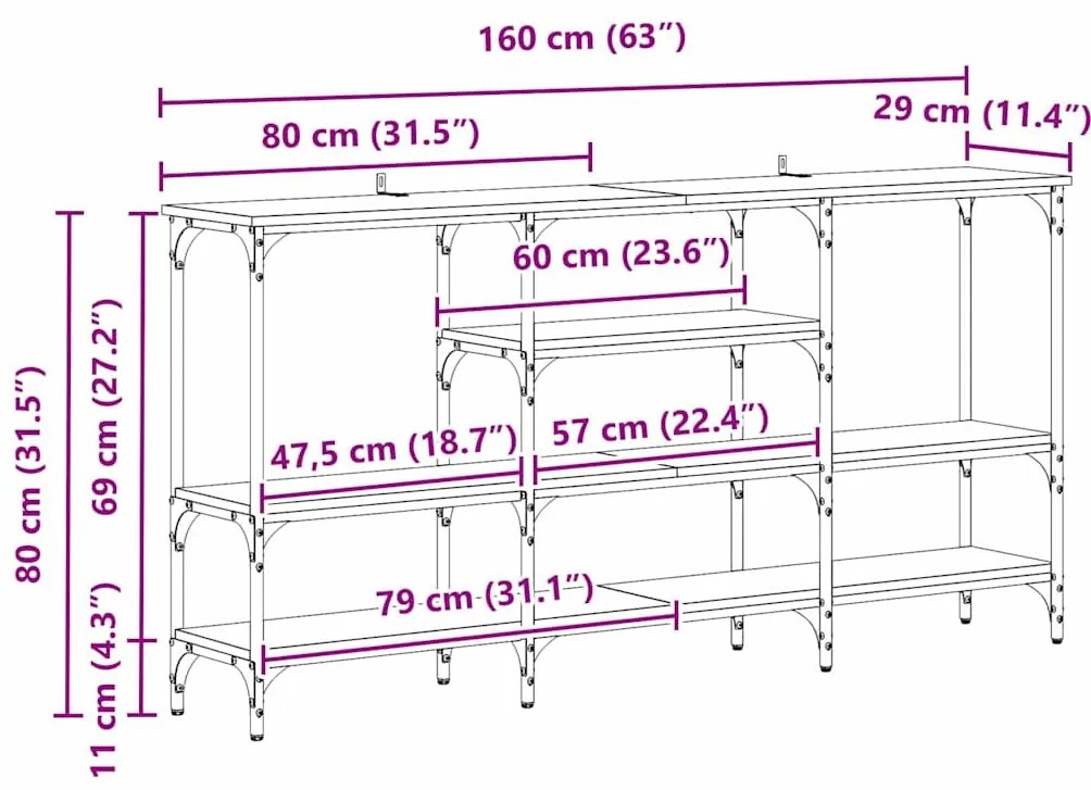 Konzolasztal polcokkal Musta tammi 160 x 29 x 80 cm Faanyag