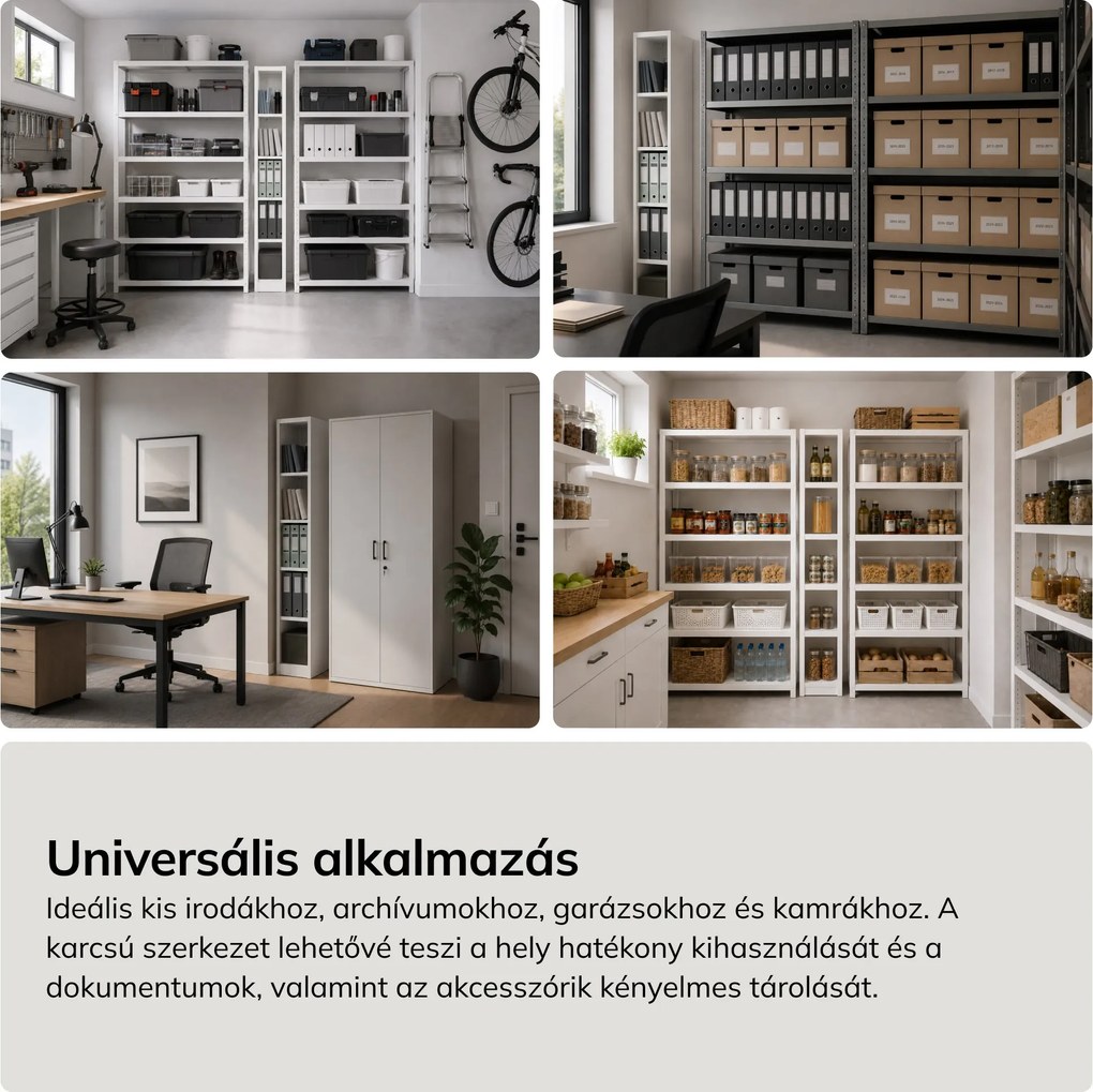 Keskeny fém archiváló polc dokumentumokhoz, fehér, 250x1950x450 mm: TIM