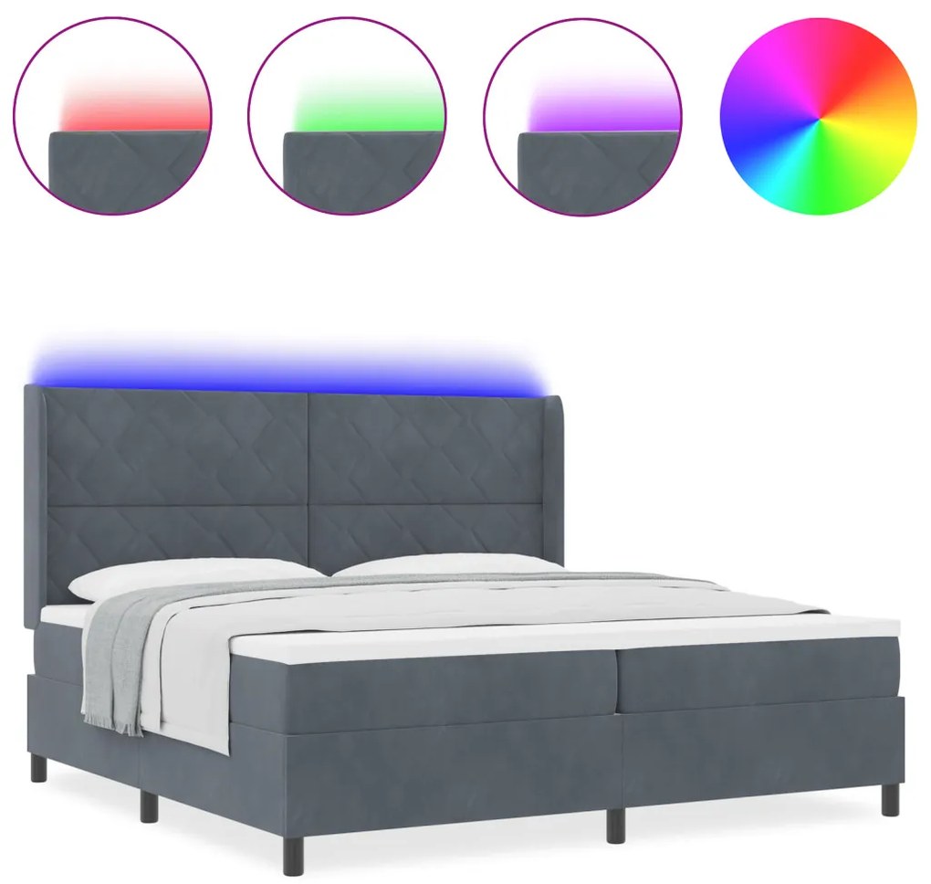Boxspring ágy matraccal és LED világítással sötétszürke 200x200 cm bársony