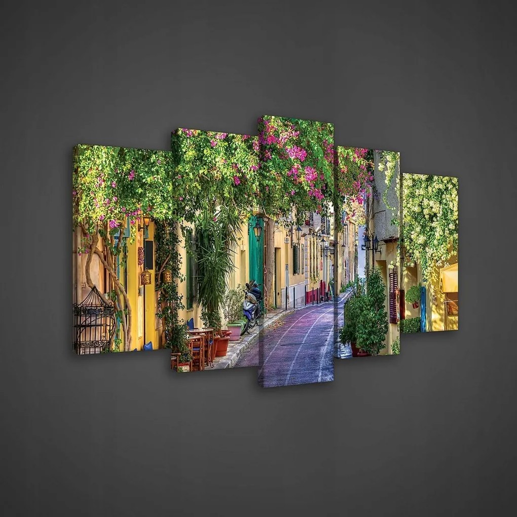 Vászonkép 100x60 Utca Európai város nyár virágok zöld nap macskakő