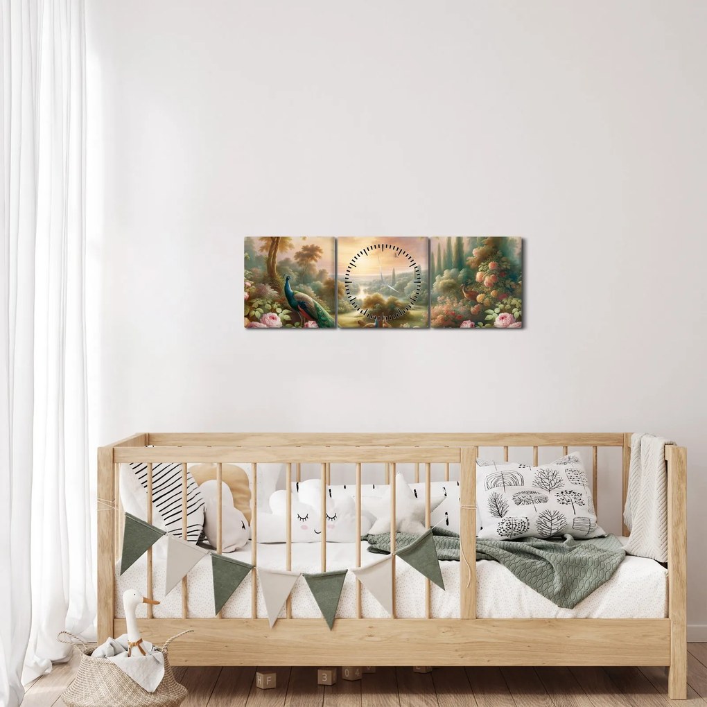 Kép - Pávák a kertben (órával) (90x30 cm)