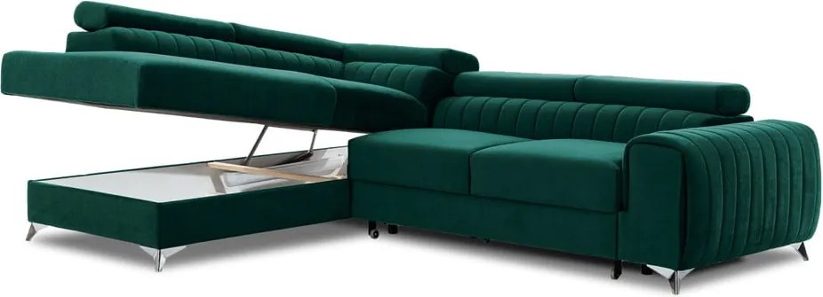 Zöld bársony kinyitható-tárolóhelyes sarokkanapé (bal oldali-L alakú) Laurence – ELTAP