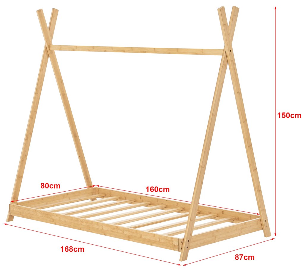 Tipi indián sátor gyerekágy Vimpeli 80x160 cm bambusz [en.casa]