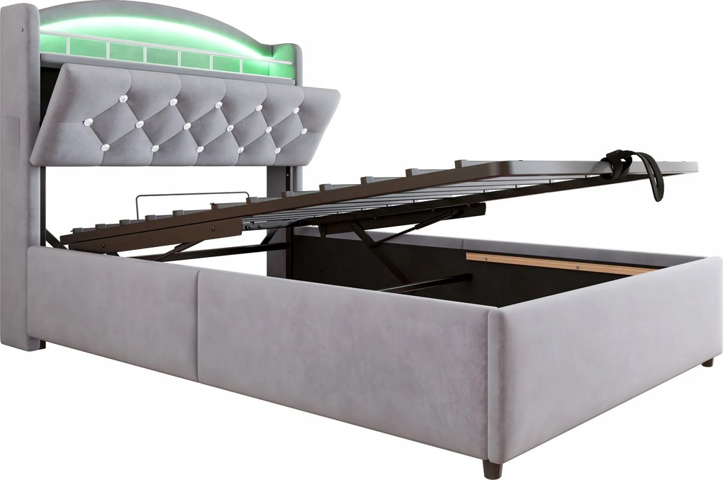 Gyerekágy Kárpitozott ágy 90x200cm Led egyszemélyes ágy Usb szürke