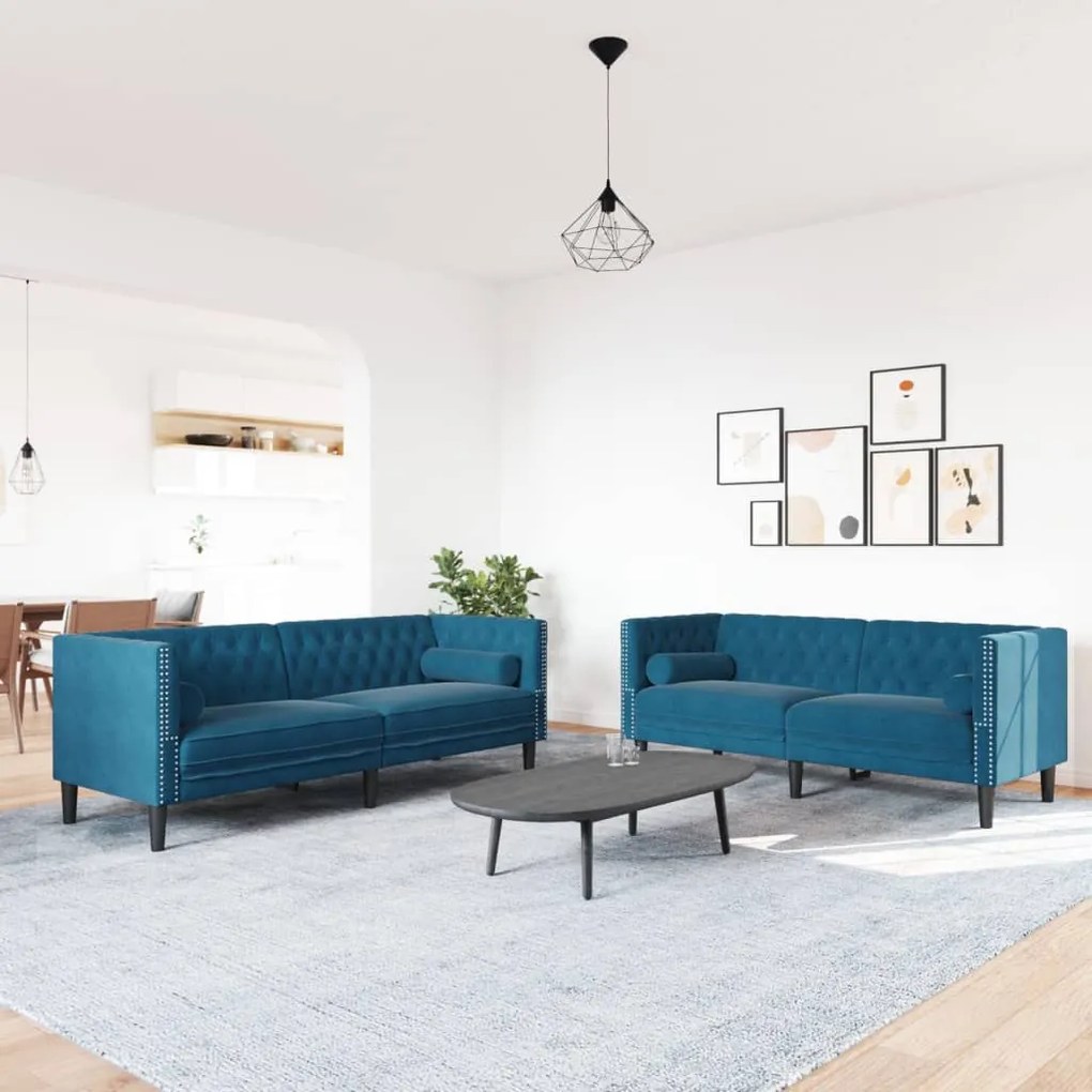 2 részes kék bársony Chesterfield kanapészett hengerpárnákkal