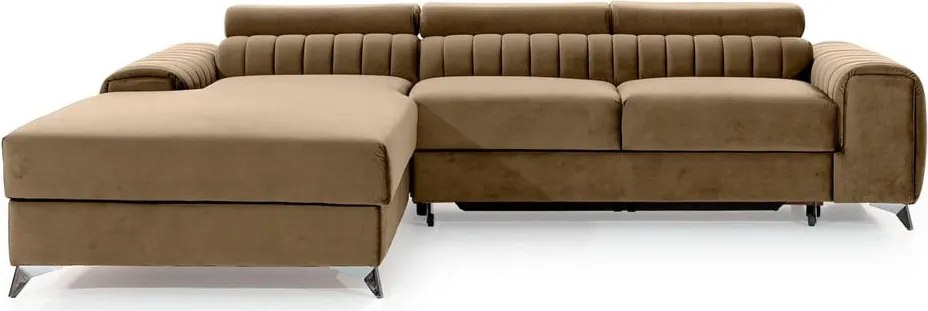 Világosbarna bársony kinyitható-tárolóhelyes sarokkanapé (bal oldali-heverő résszel) Grayson – ELTAP