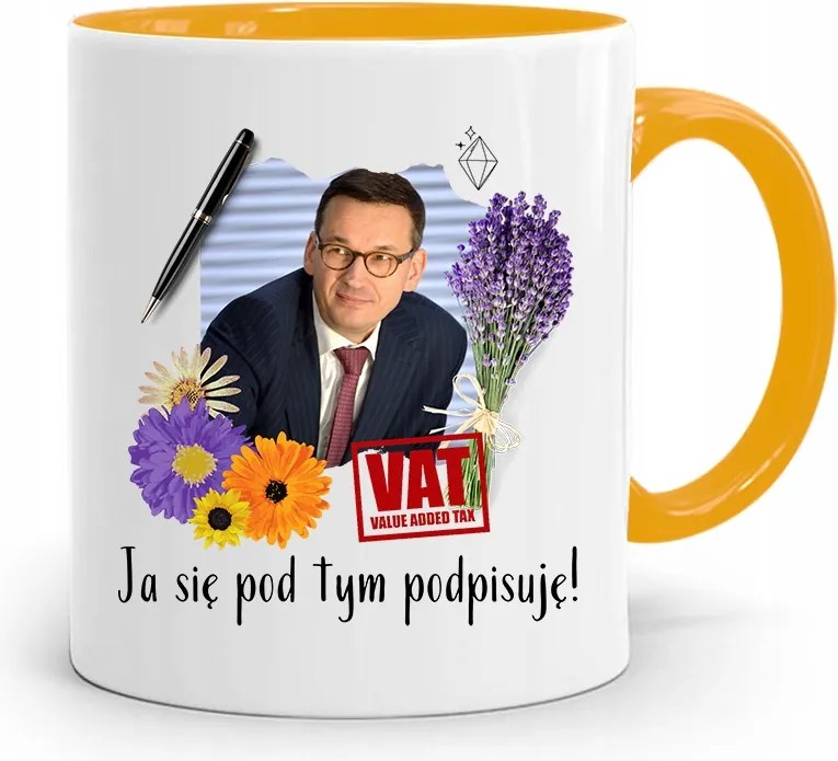 Sárga Politikus Bögre Mateusz Morawiecki Miniszterelnök fényképes nyomtatással