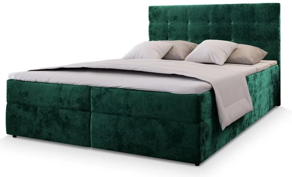 Kárpitozott boxspring ágy GLORIEN VELVET 140x200 cm sötétzöld Matrac: Bonell rugós matrac