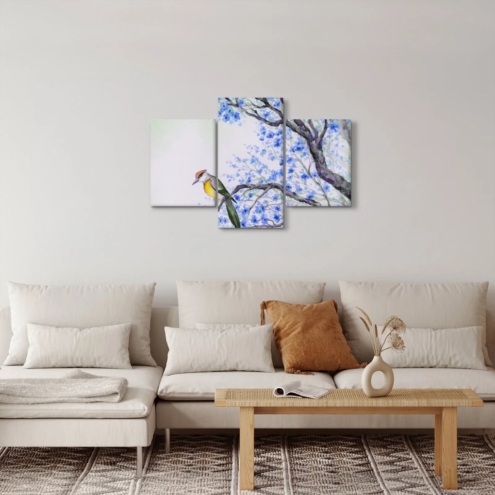 Kép - Madár egy fán kék virágokkal (90x60 cm)