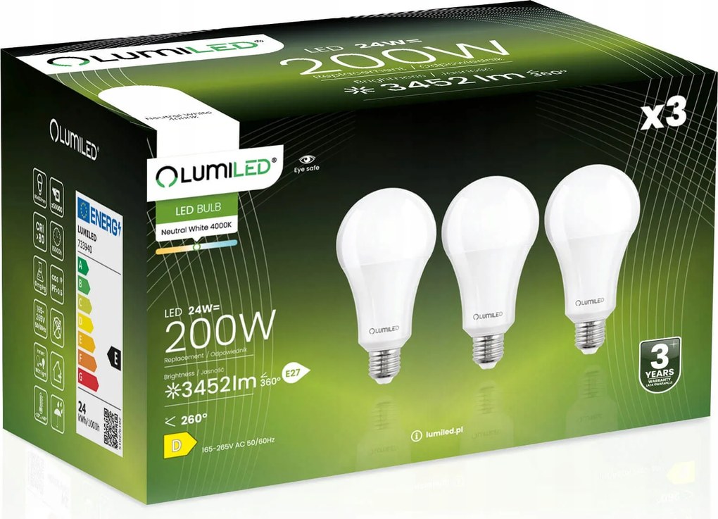 3x Led izzó E27 A95 24W 200W 3452lm 4000K Semleges 260° Lumiled
