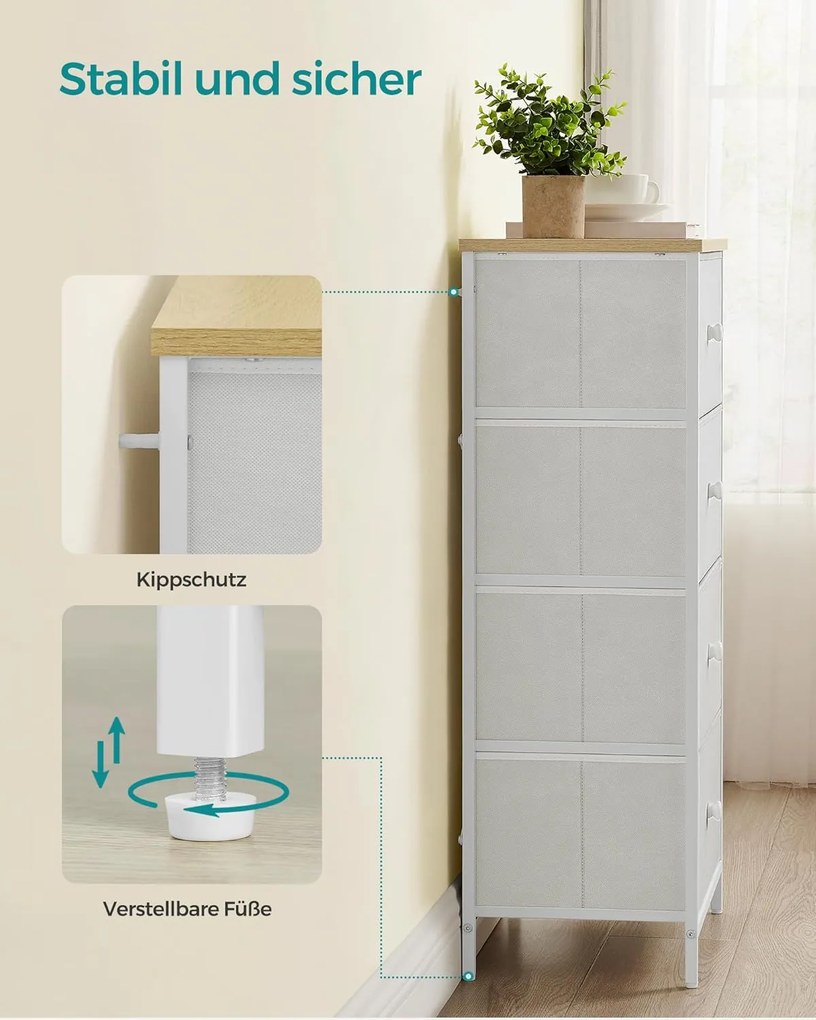 Fiókos szekrény hálószobába 4 szövetfiókkal, komód, 30 x 45 x 91,7 cm, fehér tölgy