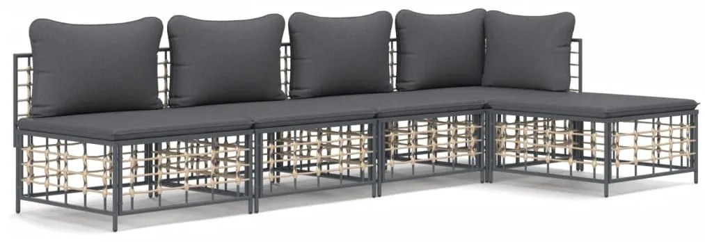 5 részes antracitszürke polyrattan kerti ülőgarnitúra párnákkal