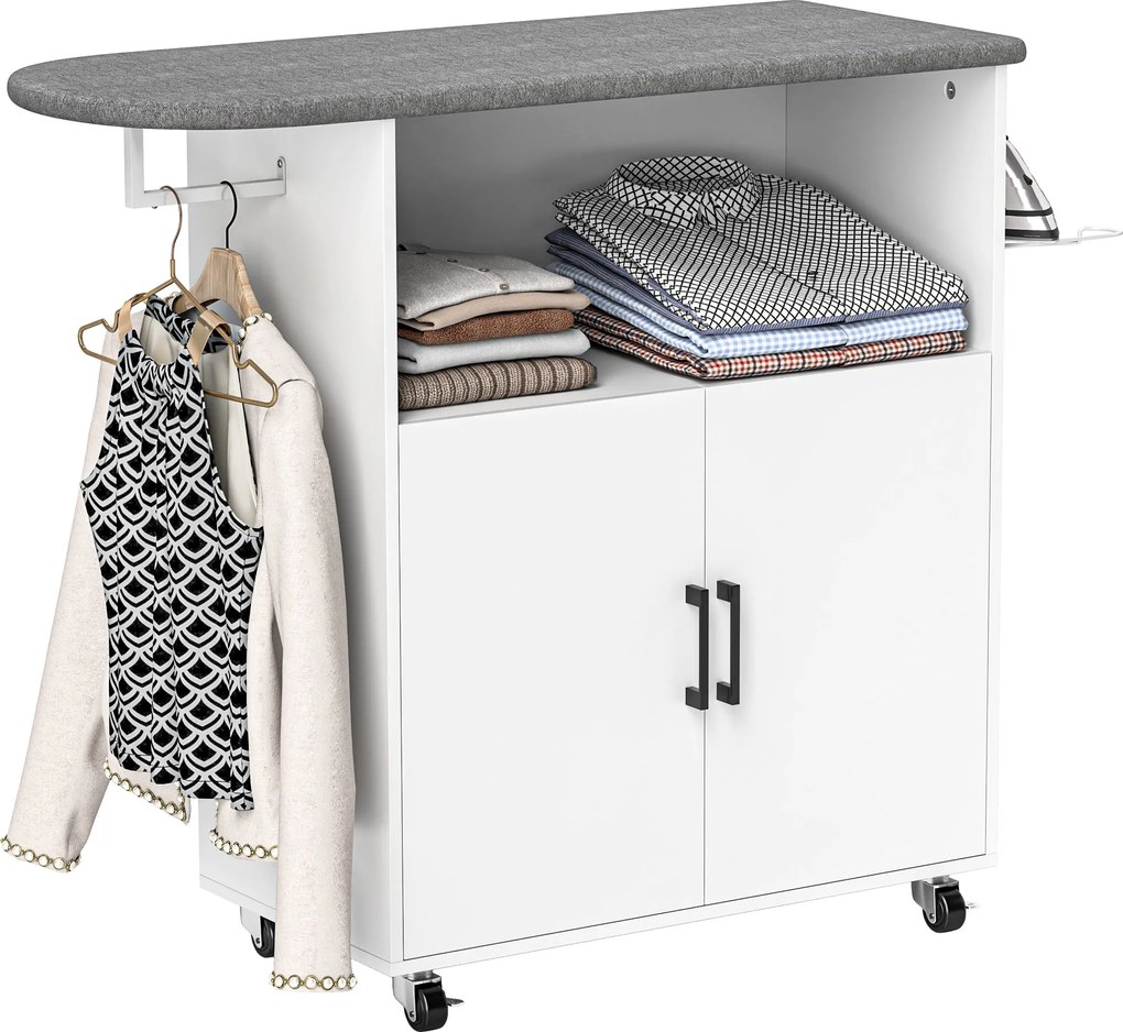 HOMCOM Vasalószekrény Kerekekkel Ruhafakasztóval Nyitott Polccal és Vasalódeszkával 125x43.5x102.5 cm Fehér | Aosom