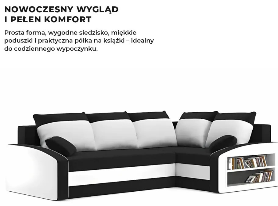 Grande sarokkanapé polcokkal , polc a jobb karfaban, jobboldali, szövet anyag, hab töltet, fekete - fehér