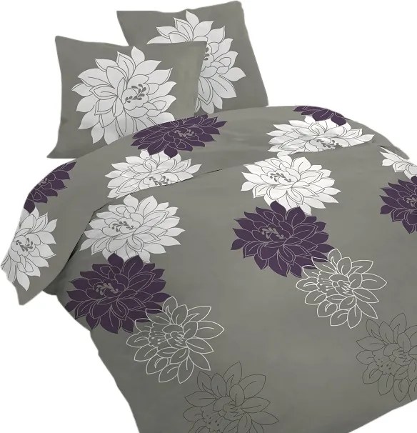 Szürke Ágyneműhuzat Fehér És Lila Virágok Dáliák Pamut Szatén 160x200