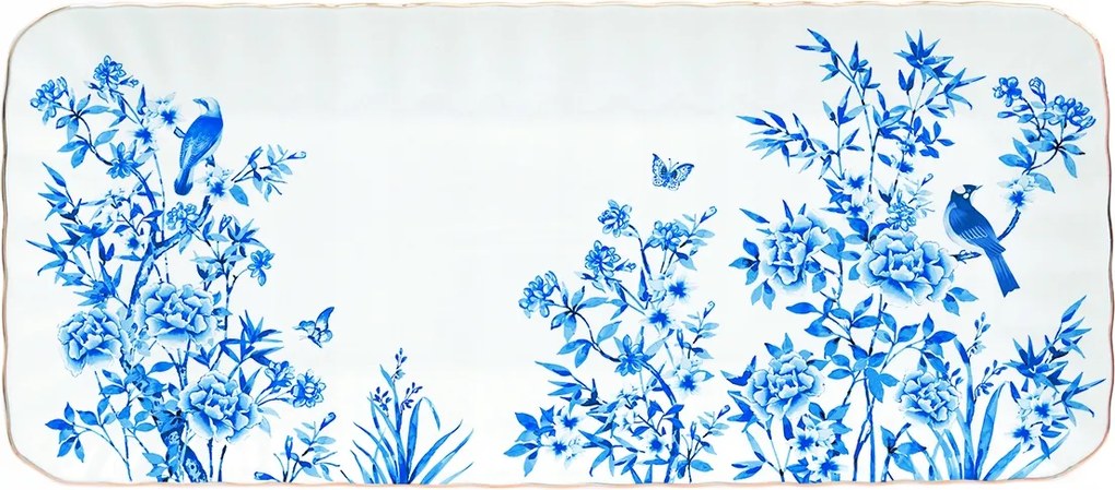 Porcelán dekorációs tálca virág és madár motívummal – 36 x 16 cm