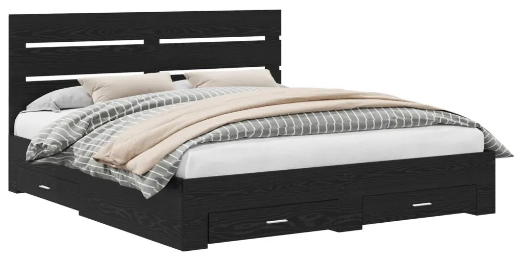 vidaXL Ágykeret fiókkal fejtámlával Fekete tölgy 180 x 200 cm Faanyag