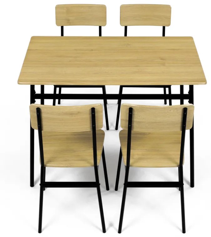 Set de sufragerie Masă cu Patru Scaune, MDF, decor Stejar Natural, cadru metalic negru