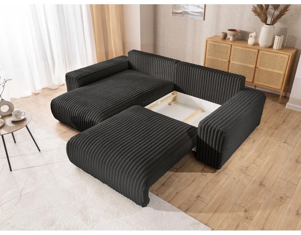 Sötétszürke kordbársony kinyitható-tárolóhelyes sarokkanapé (bal oldali) Sarina – Ropez