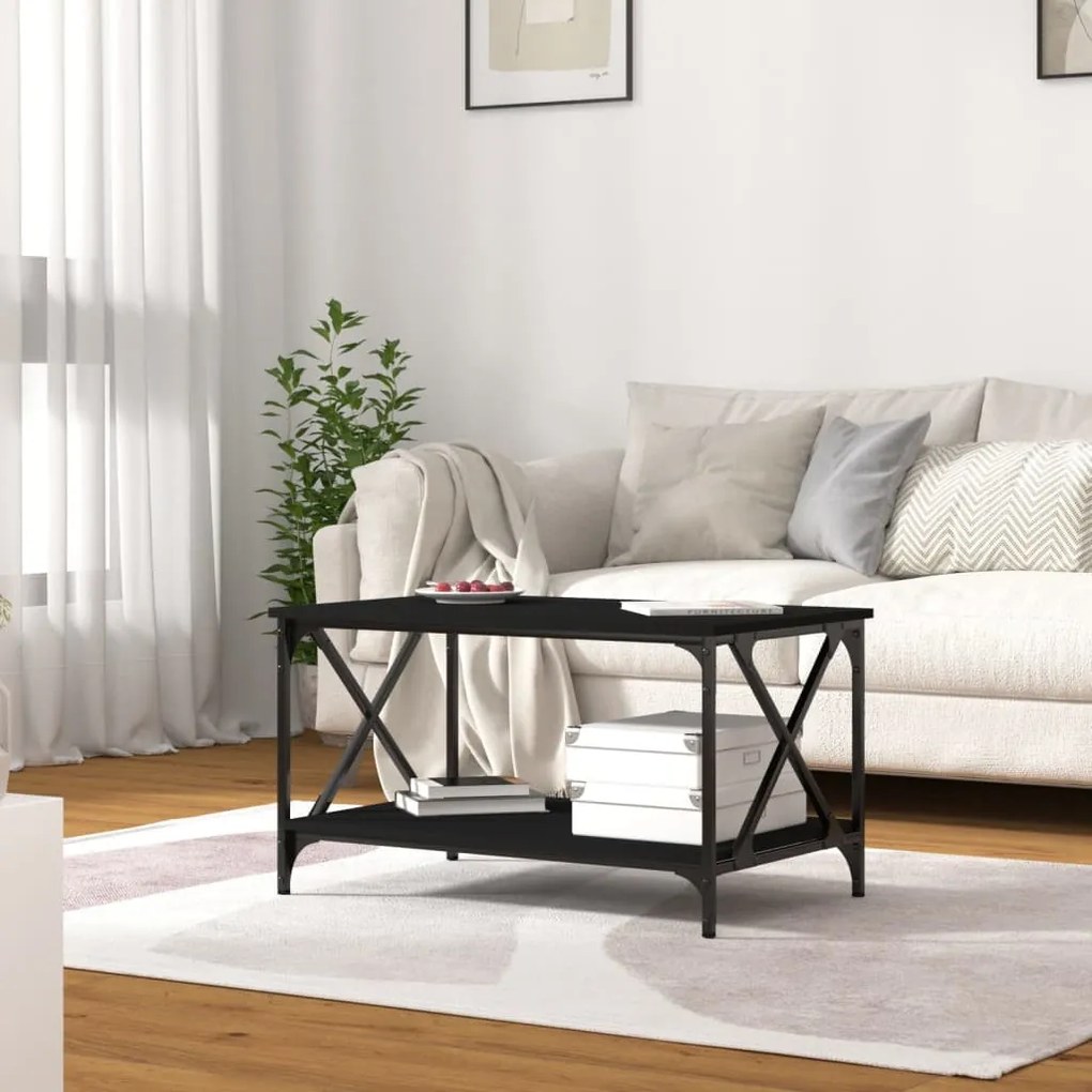 Fekete szerelt fa és vas dohányzóasztal 80 x 50 x 45 cm