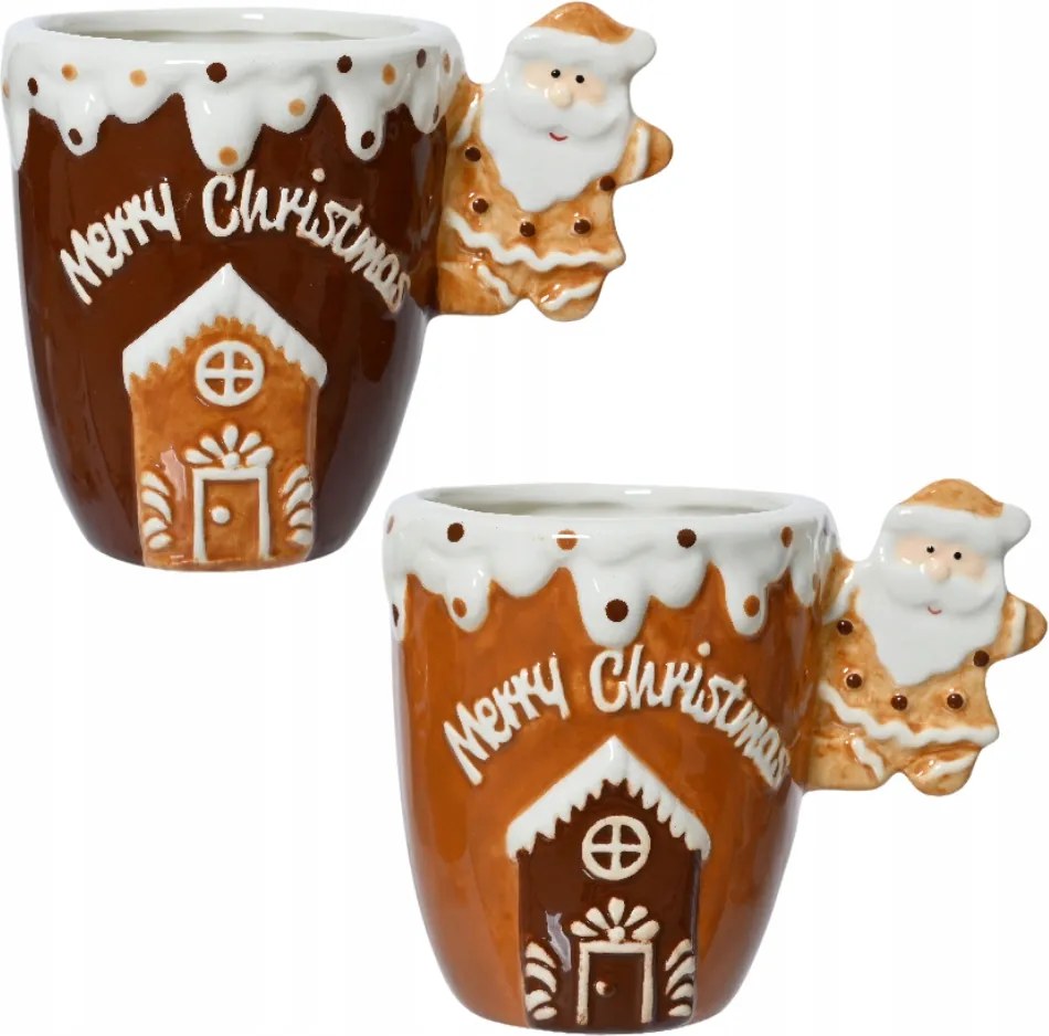 Kerámia karácsonyi bögre barna füllel Mikulás Mézeskalács Házikó 11cm