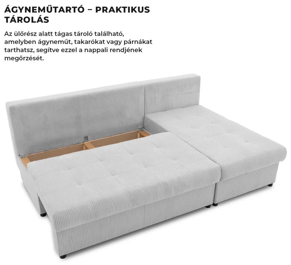 Venezia sarokkanapé, 3 ágyneműtartóval, kordbársony, univerzális oldal, hab töltet, szürke