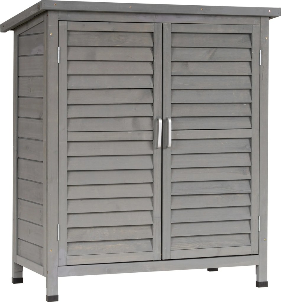 Outsunny Fa Kerti Tároló Szekrény 2 Belső Polccal, 2 Ajtóval és Lejtős Tetejével Kültéri Teraszra 87x46.5x96.5 cm Szürke | Aosom