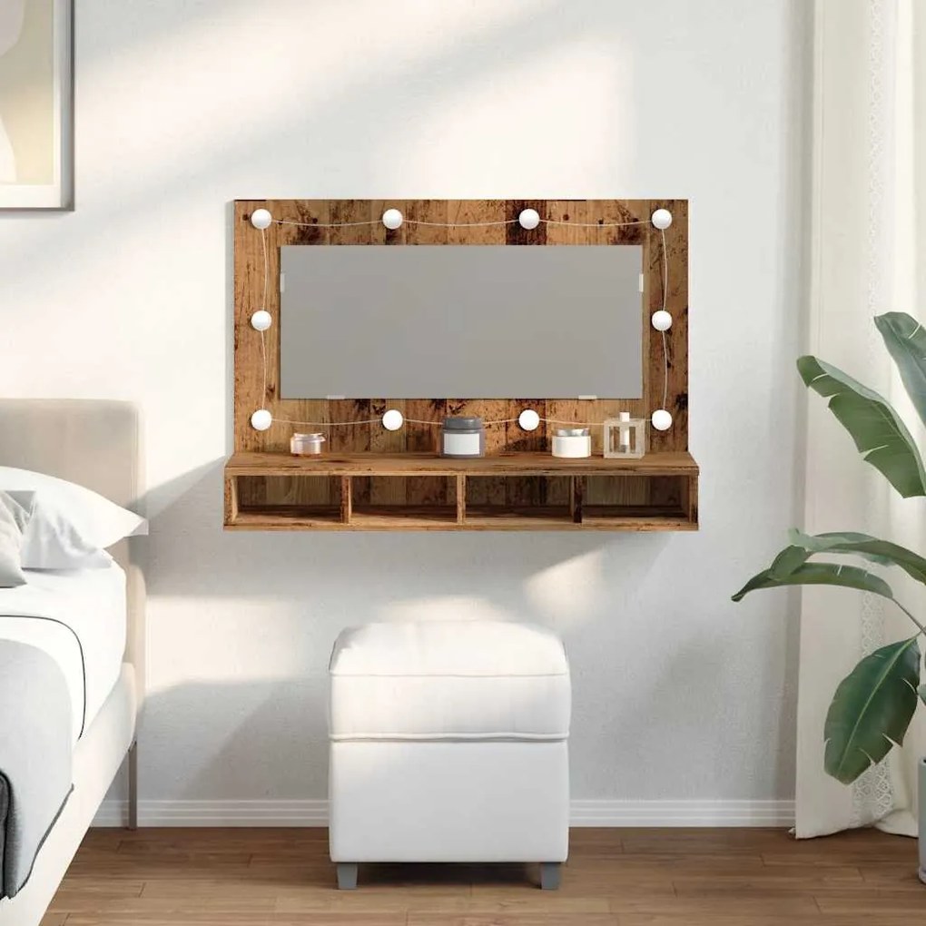 antik fa tükrös szekrény LED-ekkel 90x31,5x62 cm