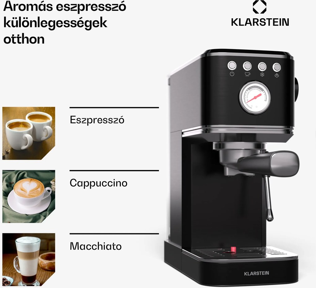 Klarstein SteelPresso Slim kávéfőző, portafilter, tartozékokkal együtt
