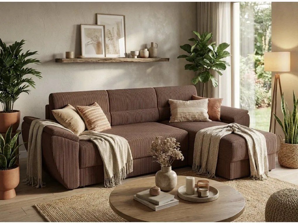 Kihúzható, kétoldalas L alakú kanapé TAVERO 251x140 cm, sötét rózsaszín