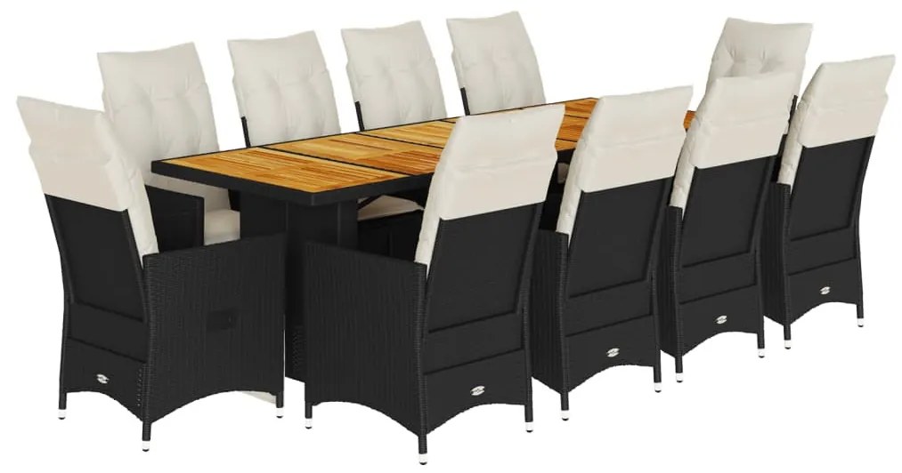 11 részes fekete polyrattan kerti bisztrógarnitúra párnákkal