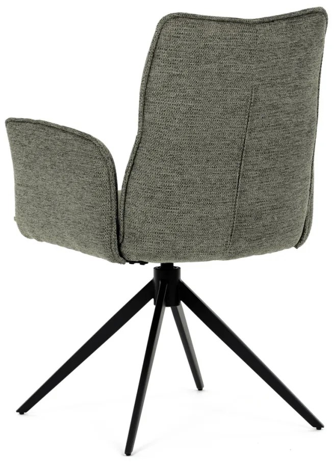 Scaun de dining rotativ, tapițat cu material textil verde, mecanism rotativ 360°, picioare metalice negre
