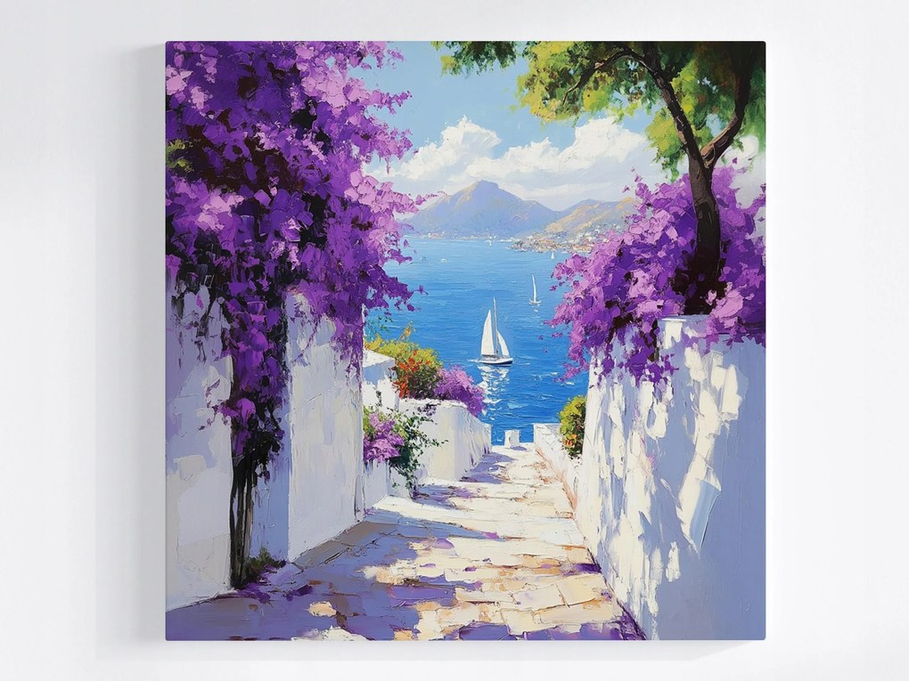 Vászonkép Canvas Görögország Santorini Utca Tenger Virágok Kilátás 40x40