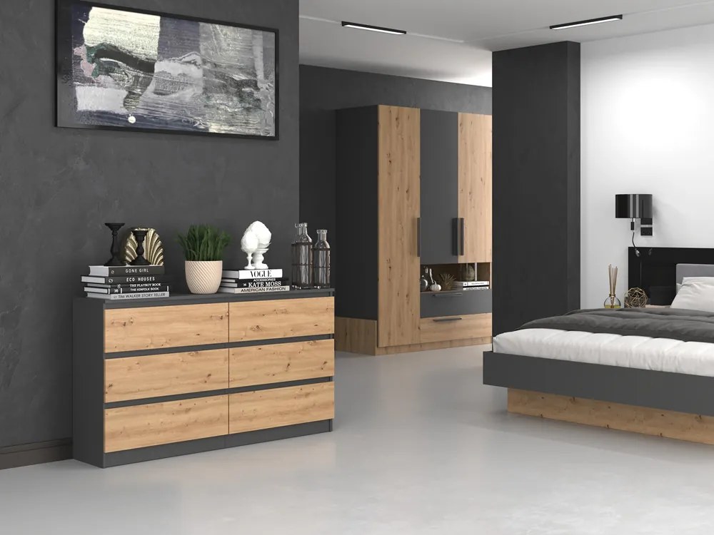 Riano MIX M6 140 2x3 fiókos szekrény, 138x75x40 cm, antracit-tölgy