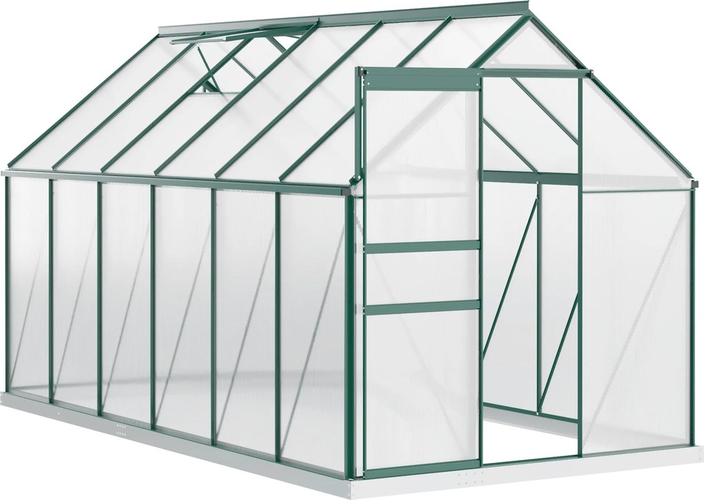 Outsunny Polikarbonát Kerti Üvegház 190x375x199cm, Nyitható Ablakkal és Tolóajtóval, Alumínium Váz, Zöld | Aosom
