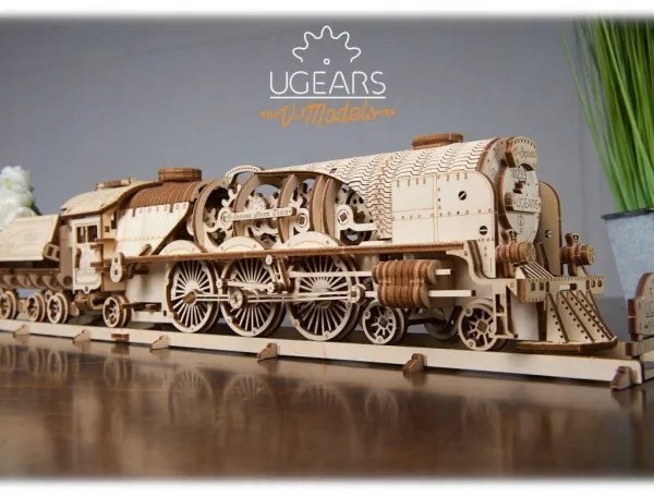 Ugears - 3D fa mechanikus puzzle V-Express gőzmozdony pályával