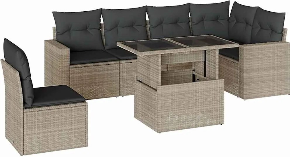 vidaXL 7 részes világosszürke polyrattan kerti ülőgarnitúra párnákkal