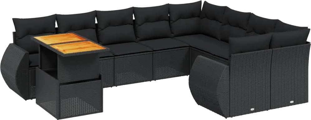 vidaXL 10 részes fekete polyrattan kerti ülőgarnitúra párnákkal