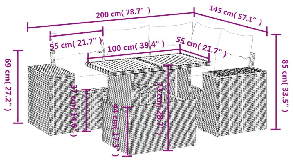 5 részes fekete polyrattan kerti kanapészett párnákkal