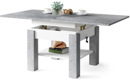 Átalakítható CALEB konferencia/étkezőasztal emelhető lappal, szürke beton/fehér